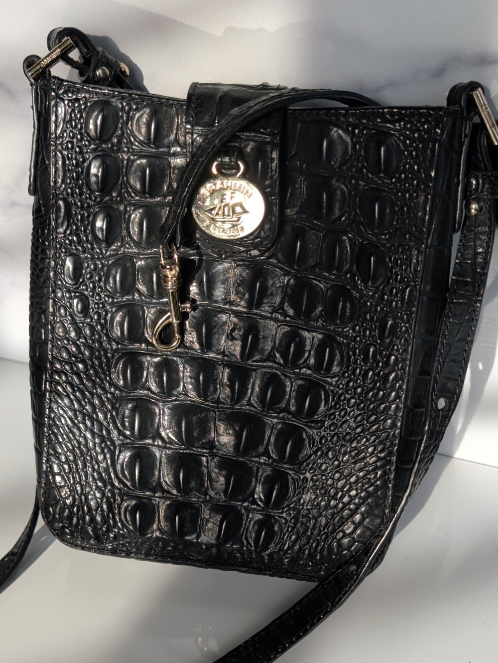 Brahmin Black Croc-Embossed Crossbody with Gold Accent